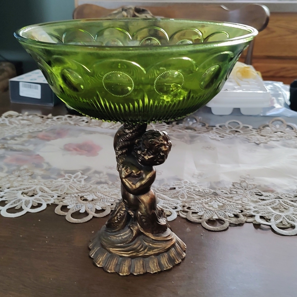 Cornell Cherub Pedistal Ornate Green Glass Bowl with Stand